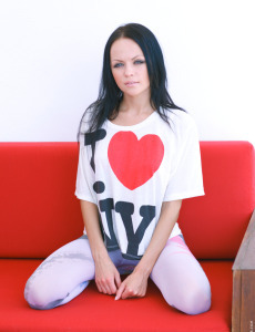 Brunette milf Melanie in white pantyhose and love me t-shirt